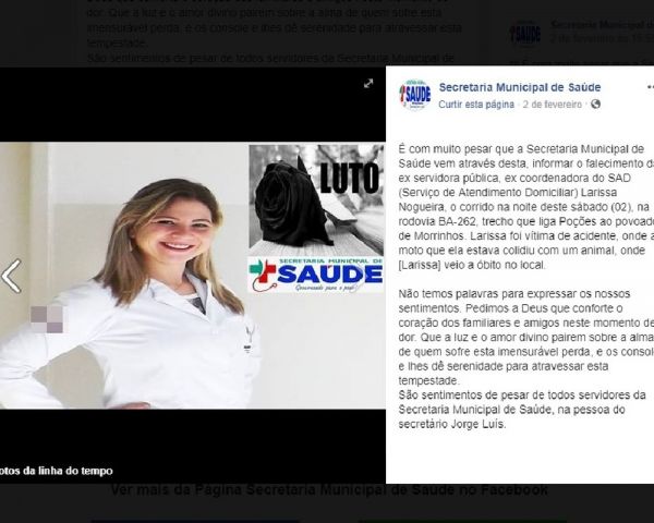Auxiliar de enfermagem morre após moto colidir com cavalo no sudoeste da Bahia