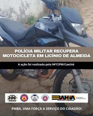 POL&Iacute;CIA MILITAR DE LIC&Iacute;NIO DE ALMEIDA RECUPERA MOTOCICLETA FURTADA