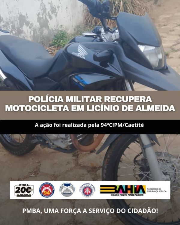 POL&Iacute;CIA MILITAR DE LIC&Iacute;NIO DE ALMEIDA RECUPERA MOTOCICLETA FURTADA
