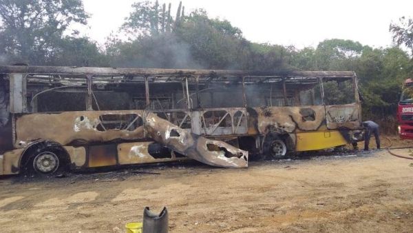 Ônibus escolar que transporta alunos fica destruído após pegar fogo