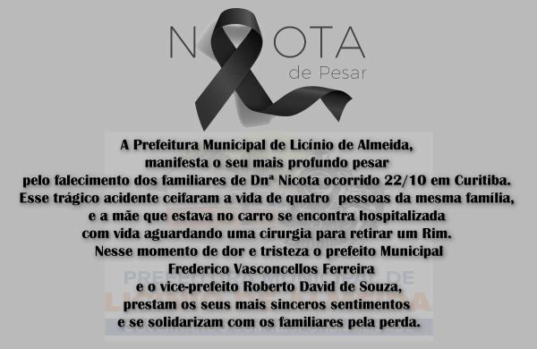 Licínio de Almeida: Prefeitura Municipal Manifesta Profundo Pesar Pelo Falecimentos dos Parentes de