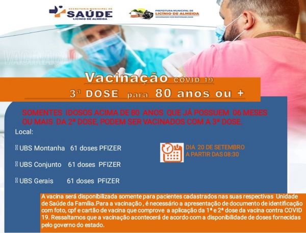Licínio de Almeida.: Secretaria de Saúde Aplica Terceira Dose de Vacina da Covid em idosos Para 80 A